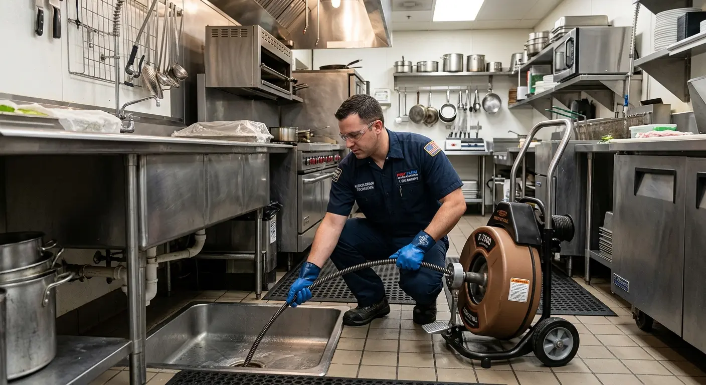 Commercial drain cleaning service in a restaurant kitchen in Truckee