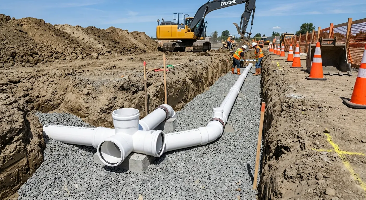 New PVC sewer pipe installation in open trench for Commercial Drain Cleaning in Truckee