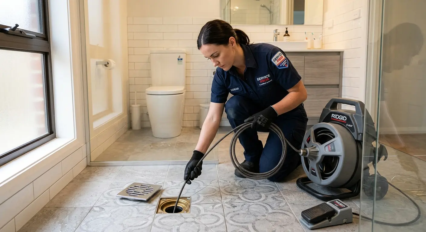 Technician clearing a bathroom floor drain for Drain Cleaning in Truckee